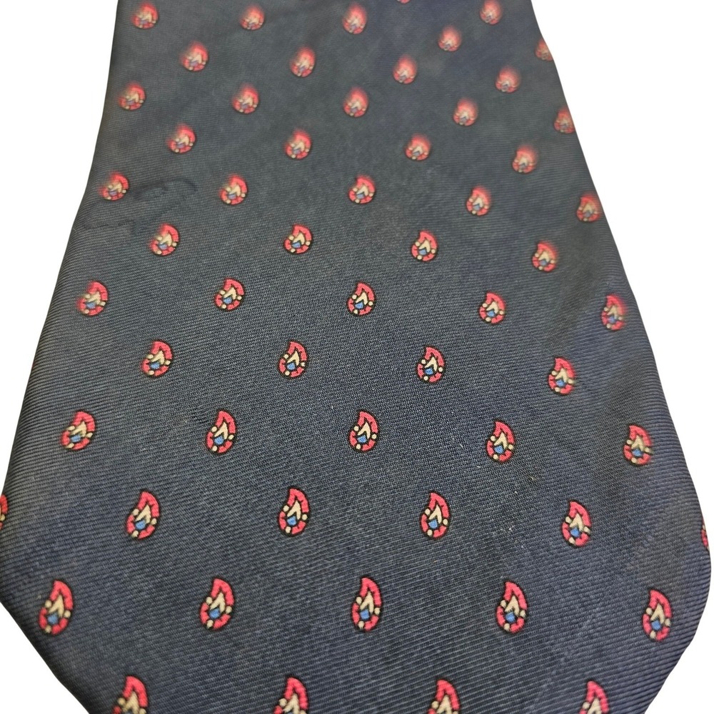 Adolfo Mens Extra Long Silk Tie Navy Blue Red Micro Paisley Teardrop Made in USA
